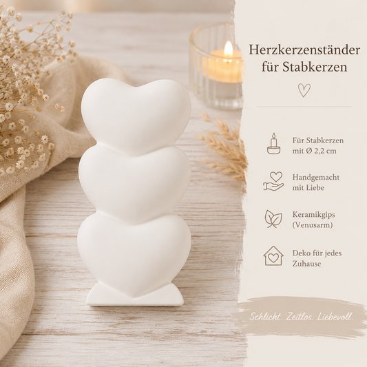 Herzkerzenständer für Stabkerzen aus Keramikgips | Handgefertigter Kerzenhalter mit 3 Herzen | In vielen Farben erhältlich