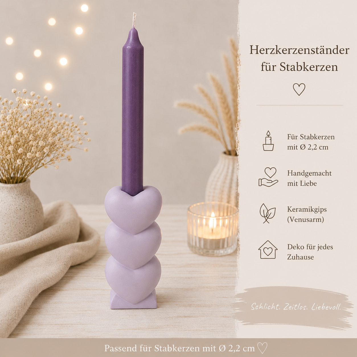 Herzkerzenständer für Stabkerzen aus Keramikgips | Handgefertigter Kerzenhalter mit 3 Herzen | In vielen Farben erhältlich