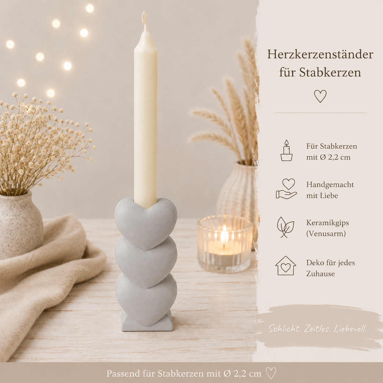 Herzkerzenständer für Stabkerzen aus Keramikgips | Handgefertigter Kerzenhalter mit 3 Herzen | In vielen Farben erhältlich