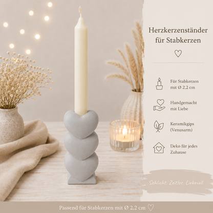 Herzkerzenständer für Stabkerzen aus Keramikgips | Handgefertigter Kerzenhalter mit 3 Herzen | In vielen Farben erhältlich