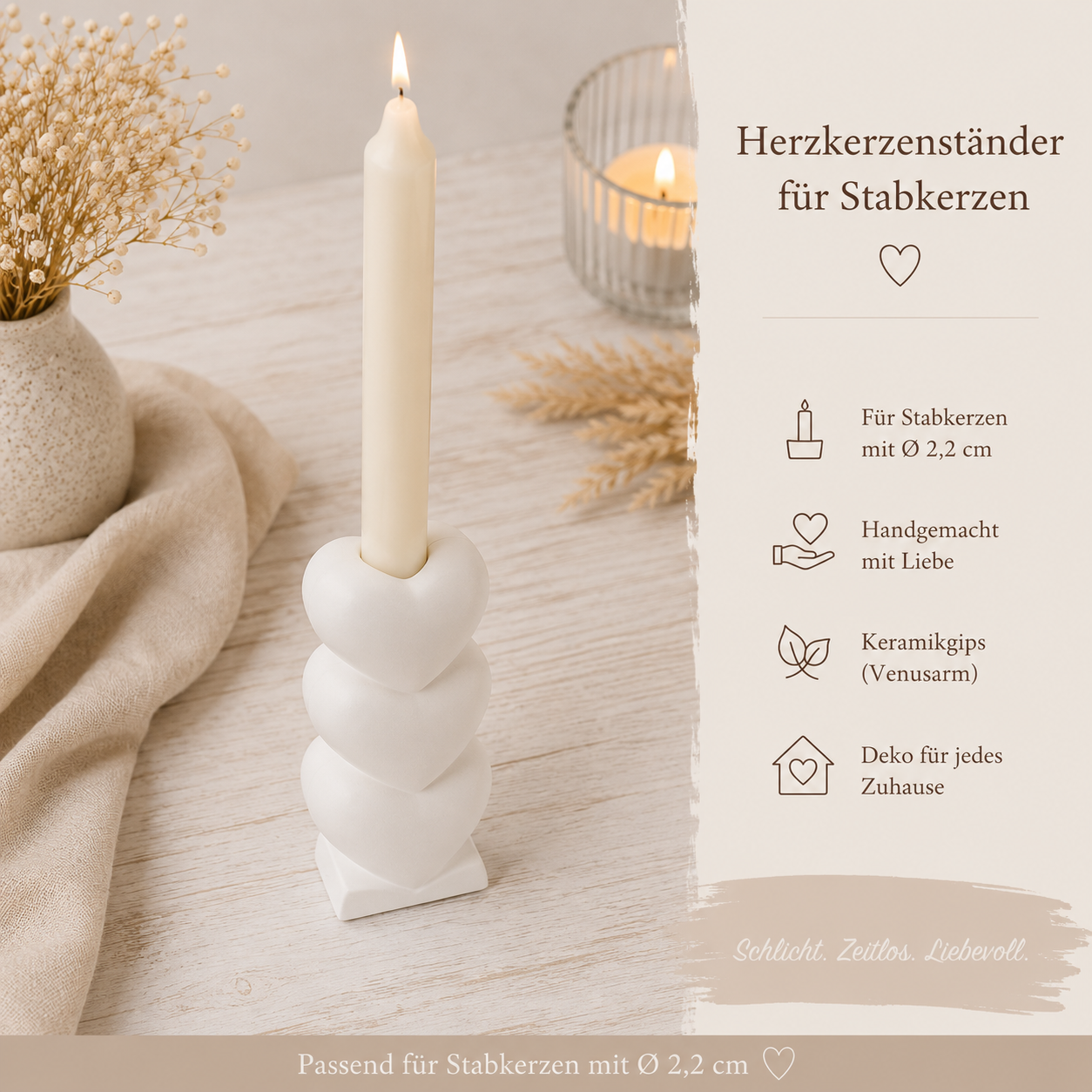 Herzkerzenständer für Stabkerzen aus Keramikgips | Handgefertigter Kerzenhalter mit 3 Herzen | In vielen Farben erhältlich