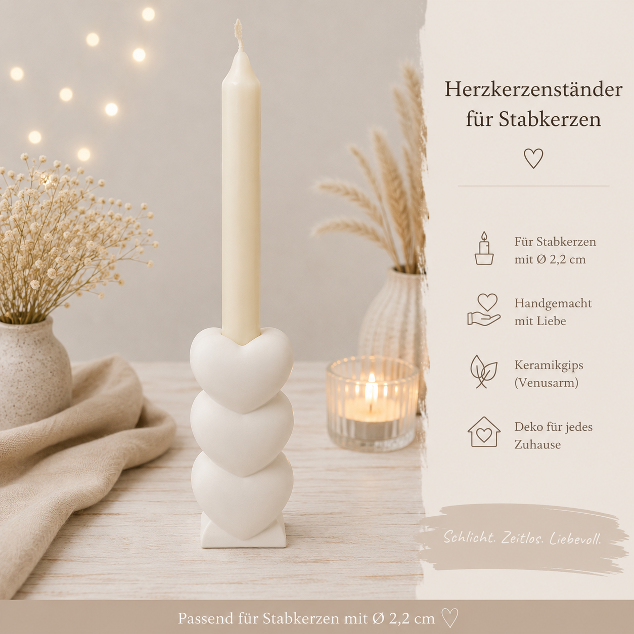 Herzkerzenständer für Stabkerzen aus Keramikgips | Handgefertigter Kerzenhalter mit 3 Herzen | In vielen Farben erhältlich