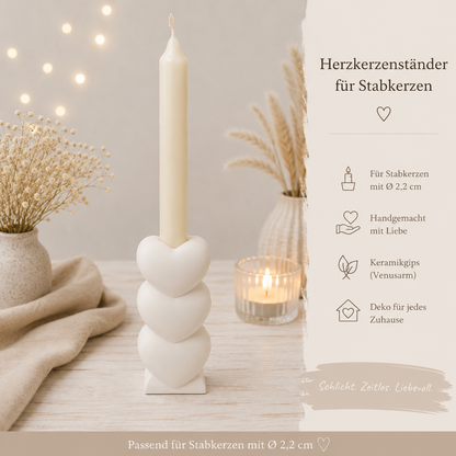 Herzkerzenständer für Stabkerzen aus Keramikgips | Handgefertigter Kerzenhalter mit 3 Herzen | In vielen Farben erhältlich