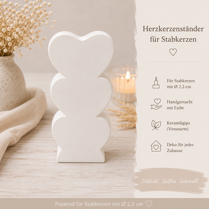 Herzkerzenständer für Stabkerzen aus Keramikgips | Handgefertigter Kerzenhalter mit 3 Herzen | In vielen Farben erhältlich