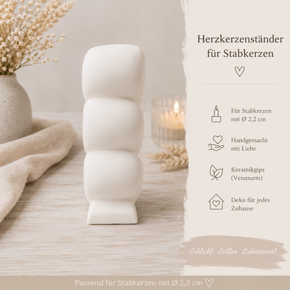 Herzkerzenständer für Stabkerzen aus Keramikgips | Handgefertigter Kerzenhalter mit 3 Herzen | In vielen Farben erhältlich