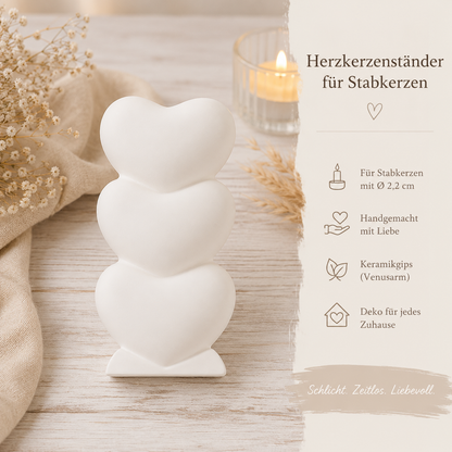 Herzkerzenständer für Stabkerzen aus Keramikgips | Handgefertigter Kerzenhalter mit 3 Herzen | In vielen Farben erhältlich
