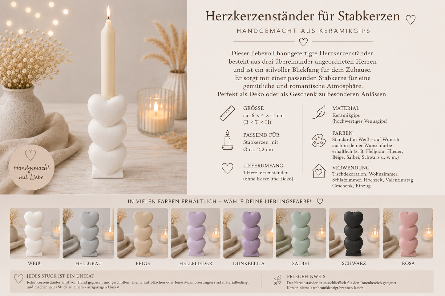 Herzkerzenständer für Stabkerzen aus Keramikgips | Handgefertigter Kerzenhalter mit 3 Herzen | In vielen Farben erhältlich