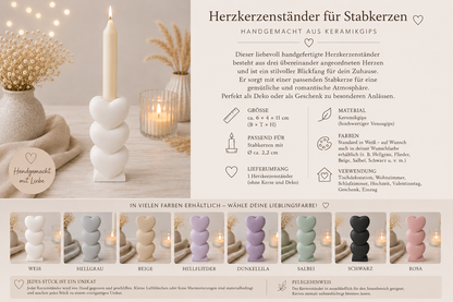 Herzkerzenständer für Stabkerzen aus Keramikgips | Handgefertigter Kerzenhalter mit 3 Herzen | In vielen Farben erhältlich