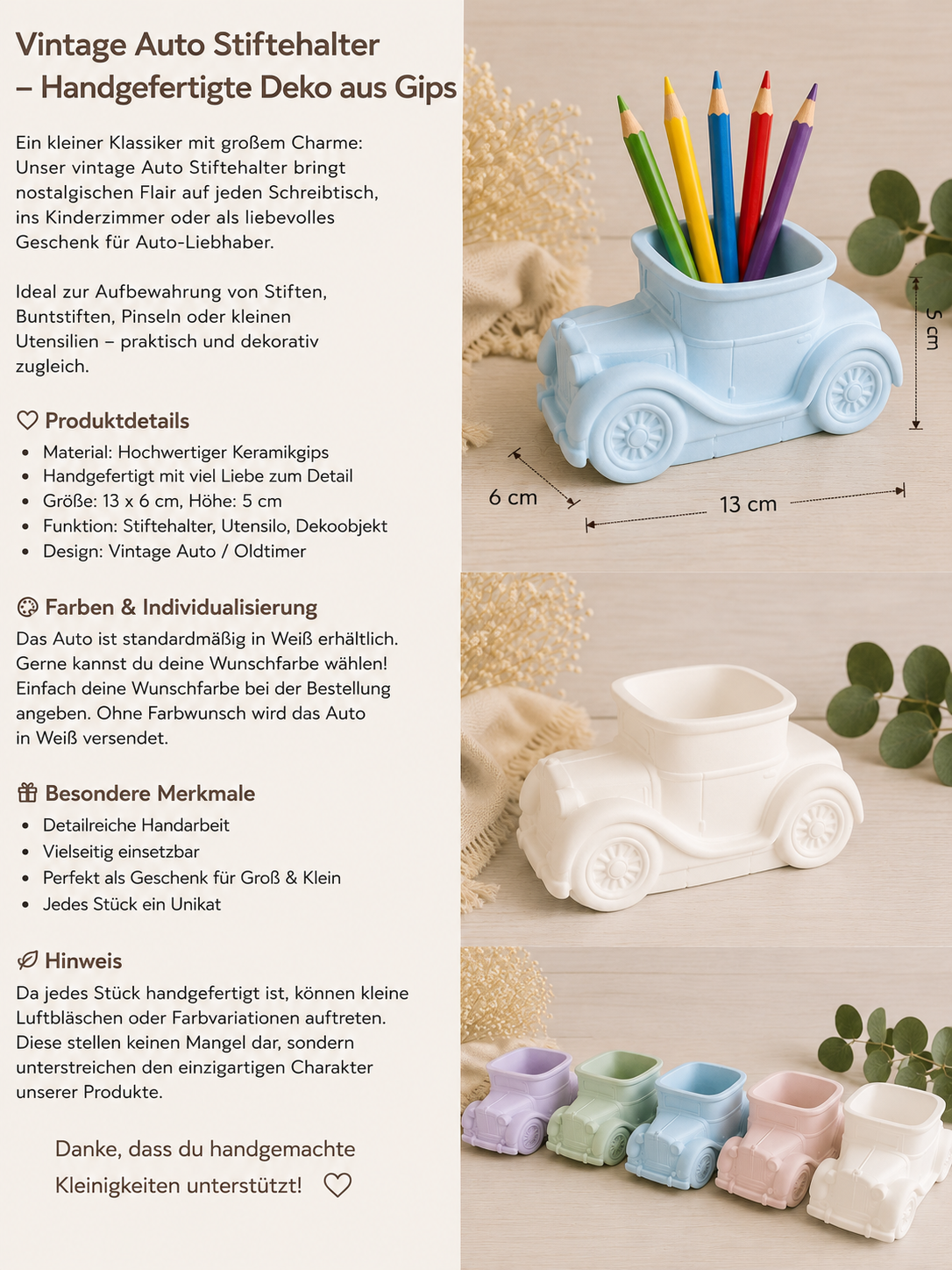 Vintage Auto Stiftehalter – Handgefertigter Oldtimer aus Keramikgips, Dekoration & Aufbewahrung, Wunschfarbe möglich