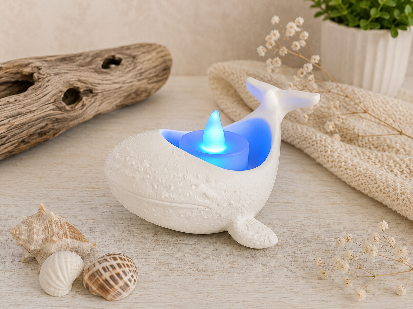 Wal Teelichthalter aus Keramikgips – Maritime Deko für Teelicht oder LED | 12 × 8 × 6 cm