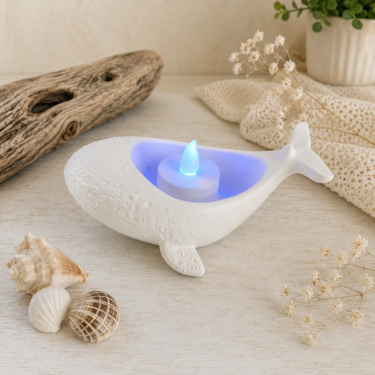 Wal Teelichthalter aus Keramikgips – Maritime Deko für Teelicht oder LED | 12 × 8 × 6 cm