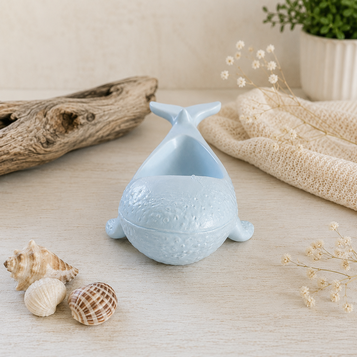 Wal Kerze aus Keramikgips mit Sojawachs – Duftfrei & nachfüllbar | 12 × 8 × 6 cm
