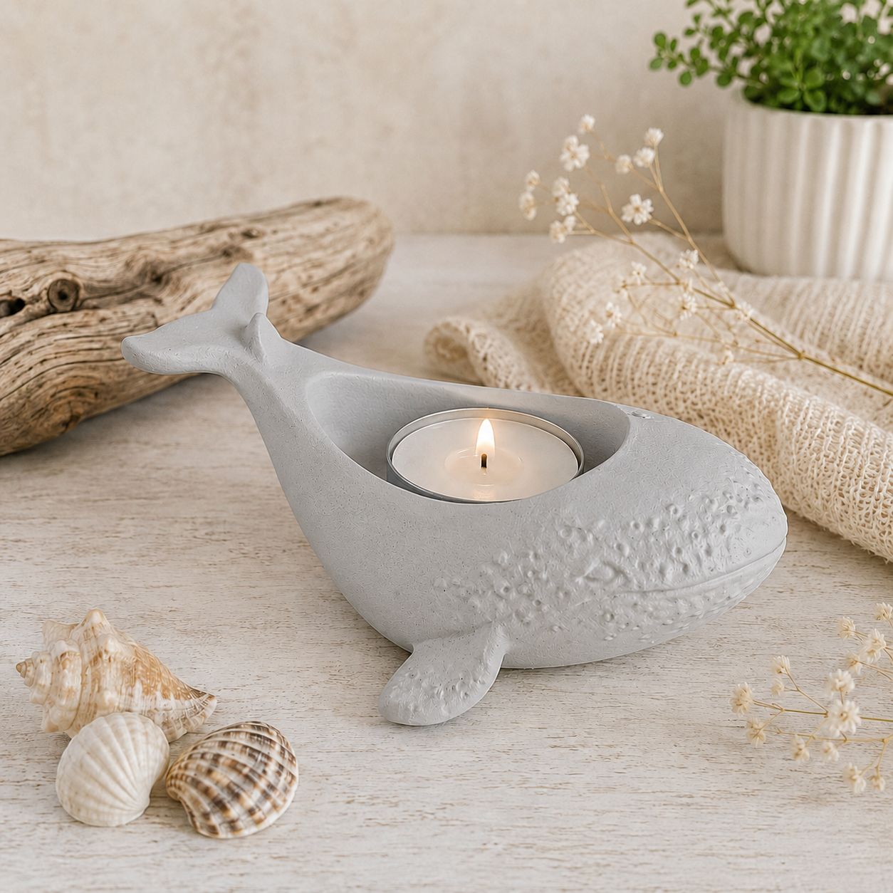 Wal Teelichthalter aus Keramikgips – Maritime Deko für Teelicht oder LED | 12 × 8 × 6 cm