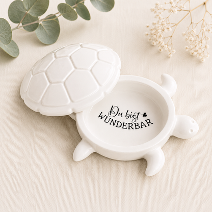 Schildkröten-Dose mit Deckel – Schmuckdose aus Keramikguss mit Wunschtext