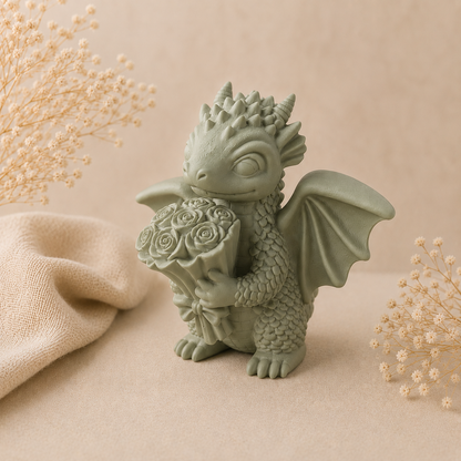 Kleiner Drache mit Rosen – Handgefertigte Geschenk- und Dekofigur, Wunschfarbe möglich