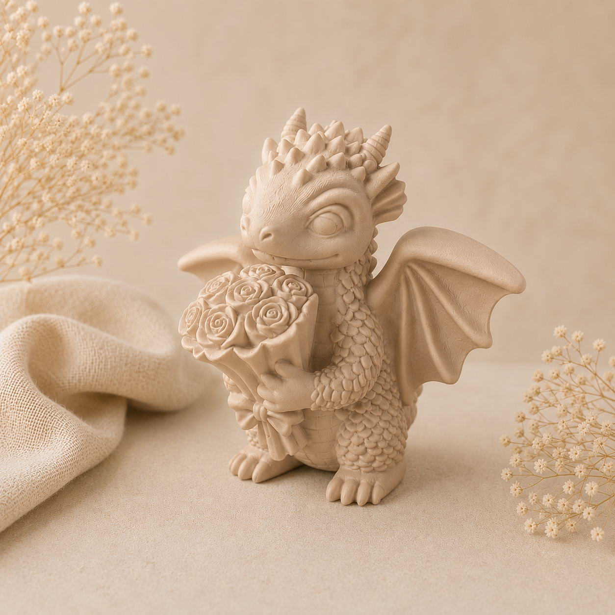 Kleiner Drache mit Rosen – Handgefertigte Geschenk- und Dekofigur, Wunschfarbe möglich