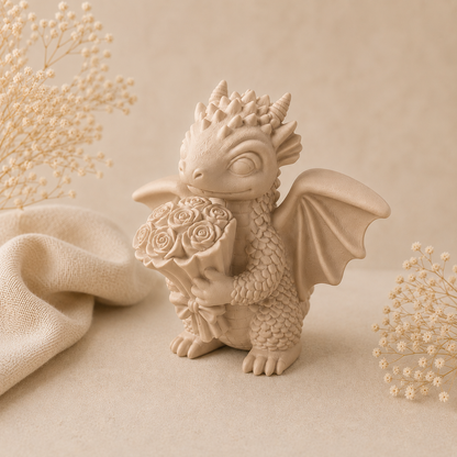 Kleiner Drache mit Rosen – Handgefertigte Geschenk- und Dekofigur, Wunschfarbe möglich
