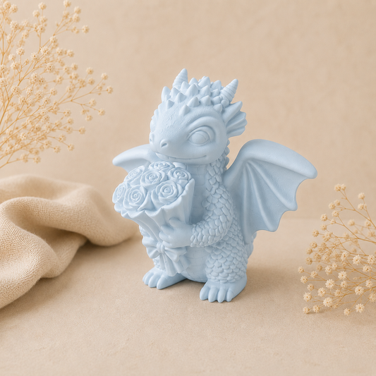 Kleiner Drache mit Rosen – Handgefertigte Geschenk- und Dekofigur, Wunschfarbe möglich