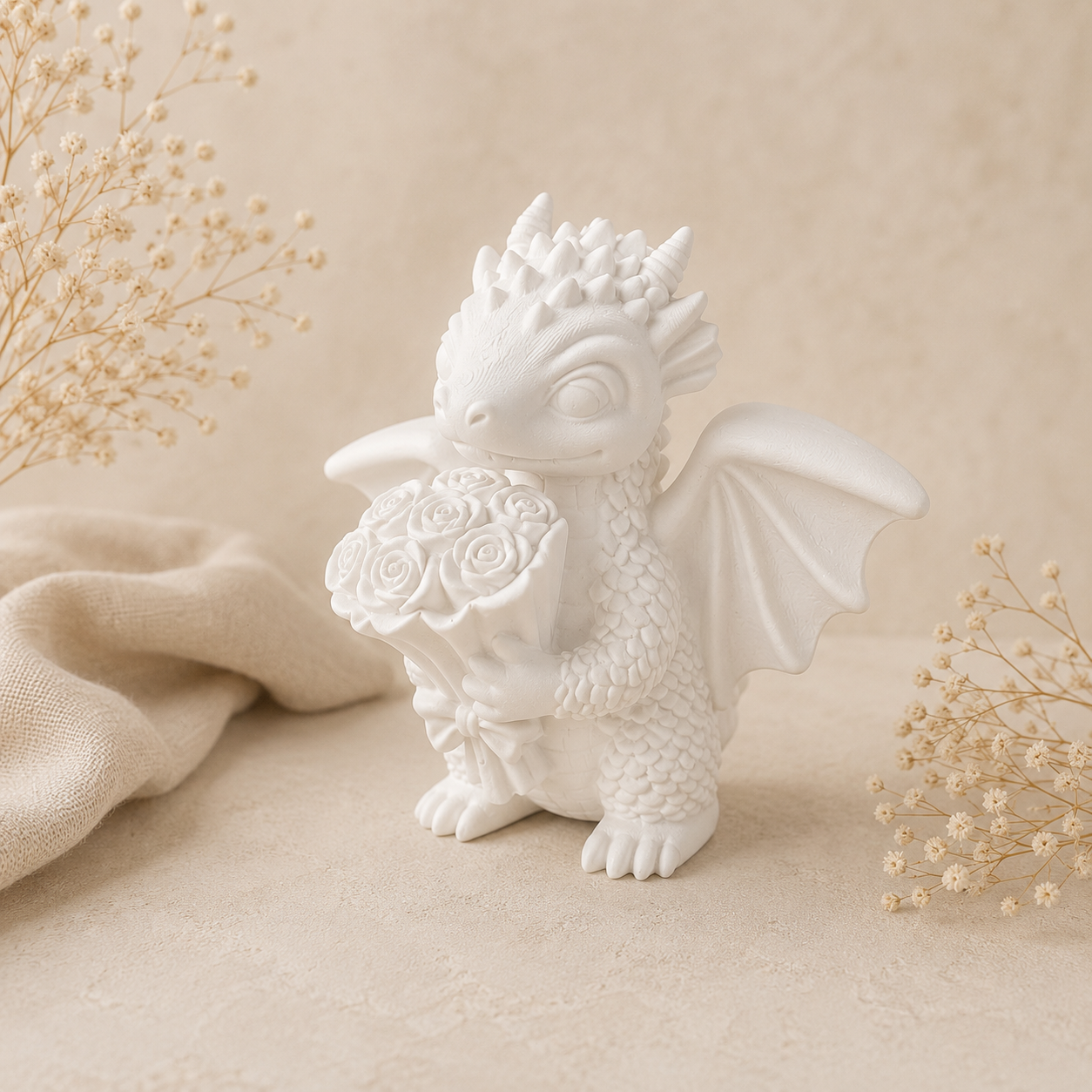 Kleiner Drache mit Rosen – Handgefertigte Geschenk- und Dekofigur, Wunschfarbe möglich