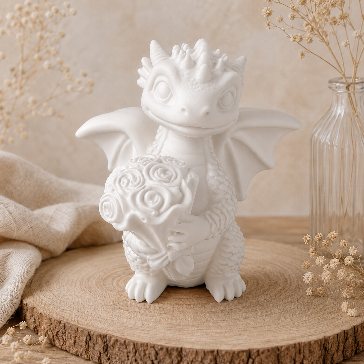 Kleiner Drache mit Rosen – Handgefertigte Geschenk- und Dekofigur, Wunschfarbe möglich