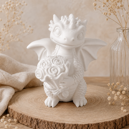Kleiner Drache mit Rosen – Handgefertigte Geschenk- und Dekofigur, Wunschfarbe möglich