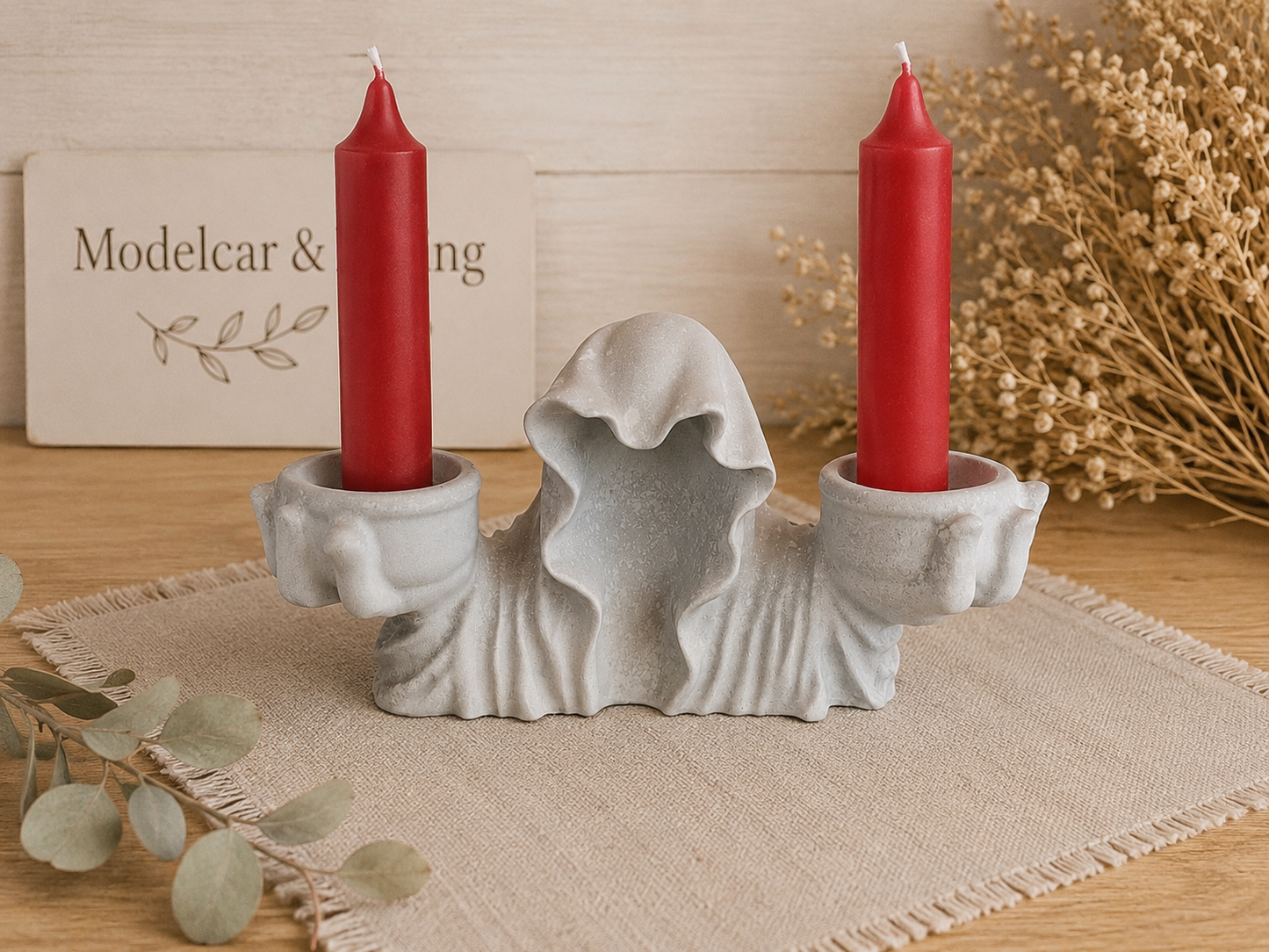 Geist Kerzenhalter für 2 Stabkerzen – Handgefertigte Halloween- & Herbstdeko | Mit oder ohne Kerzen | Wunschfarbe