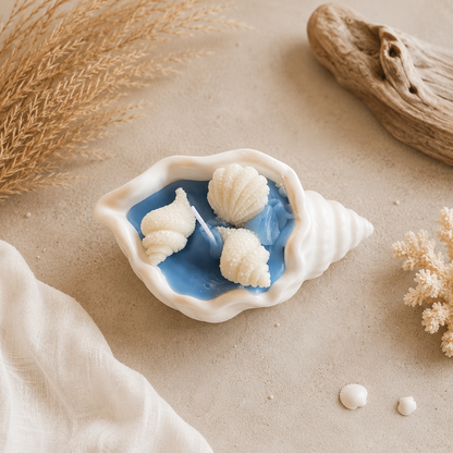 Muschelkerze in Muschelschale mit Muscheln aus Wachs | Maritime Deko & Geschenkidee