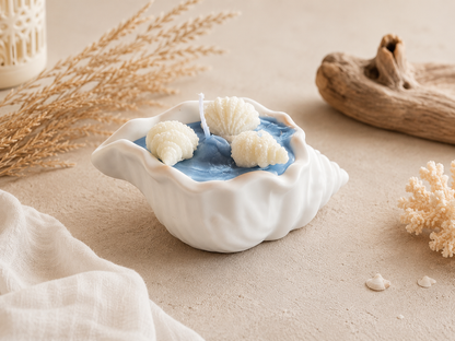 Muschelkerze in Muschelschale mit Muscheln aus Wachs | Maritime Deko & Geschenkidee