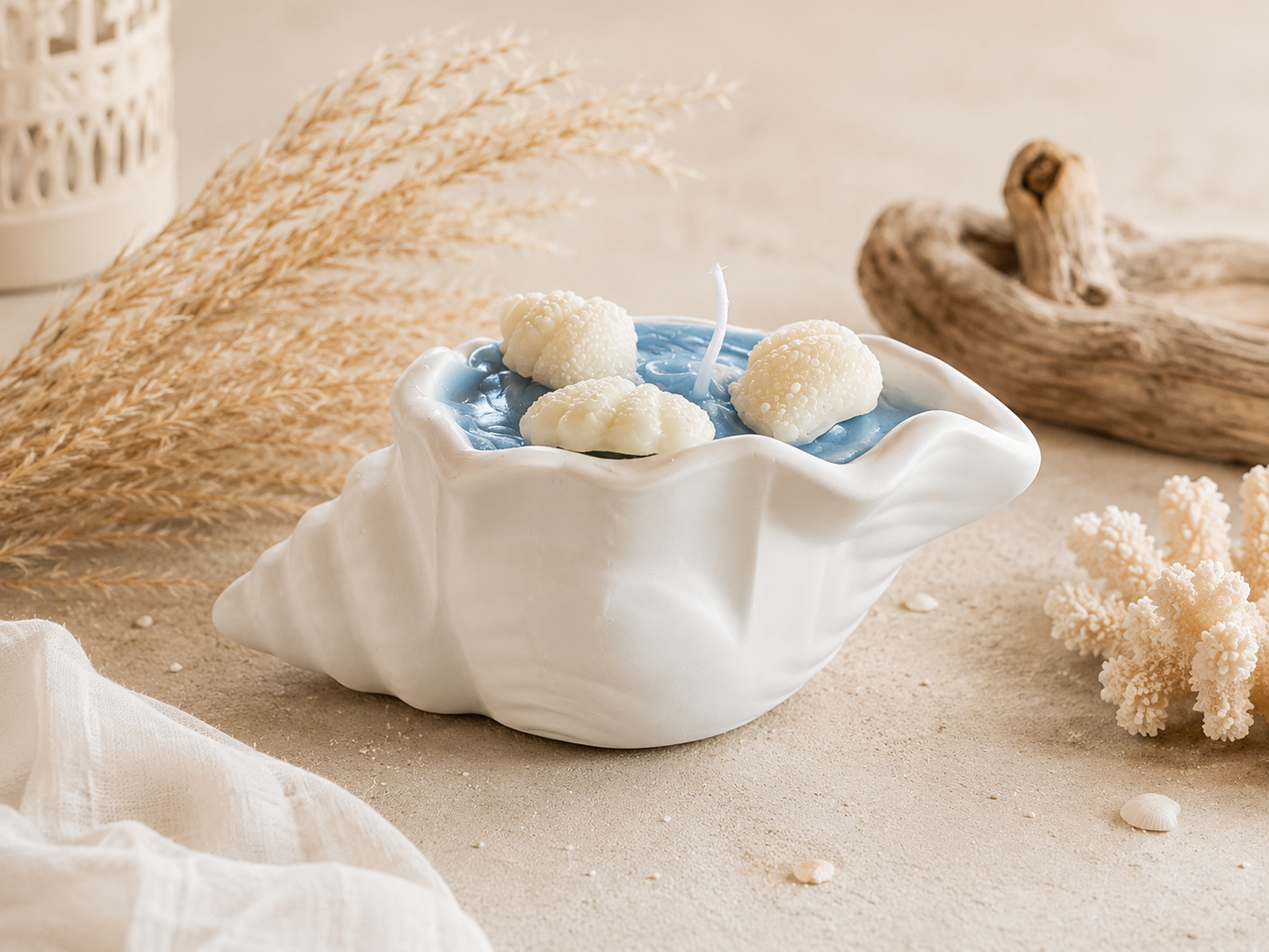 Muschelkerze in Muschelschale mit Muscheln aus Wachs | Maritime Deko & Geschenkidee