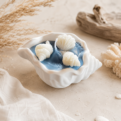 Muschelkerze in Muschelschale mit Muscheln aus Wachs | Maritime Deko & Geschenkidee