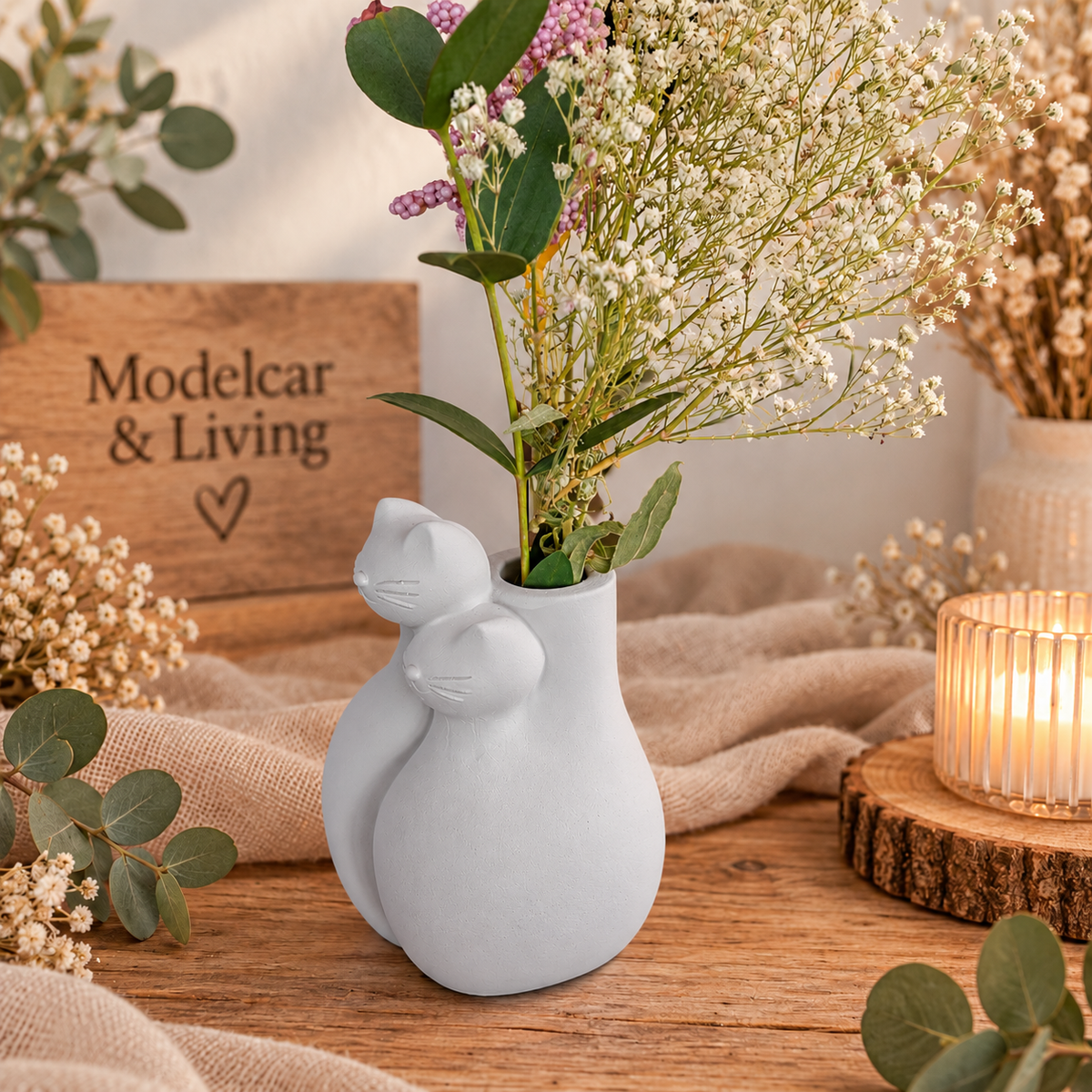 Moderne minimalistische Katzenvase aus Gips – Doppelkatze für Trockenblumen