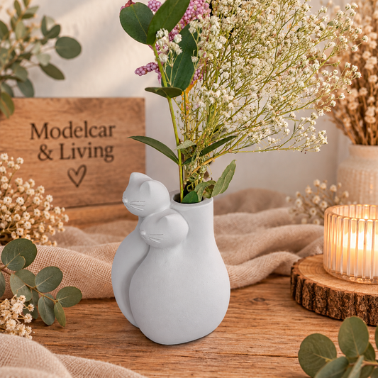 Moderne minimalistische Katzenvase aus Gips – Doppelkatze für Trockenblumen