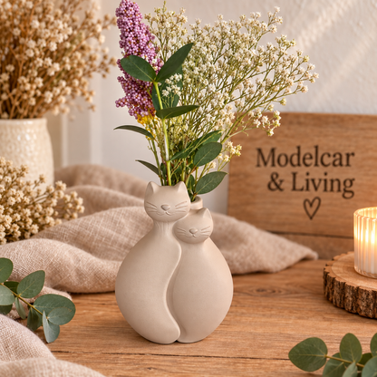 Moderne minimalistische Katzenvase aus Gips – Doppelkatze für Trockenblumen