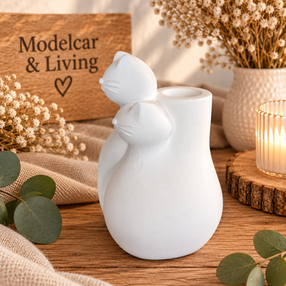 Moderne minimalistische Katzenvase aus Gips – Doppelkatze für Trockenblumen