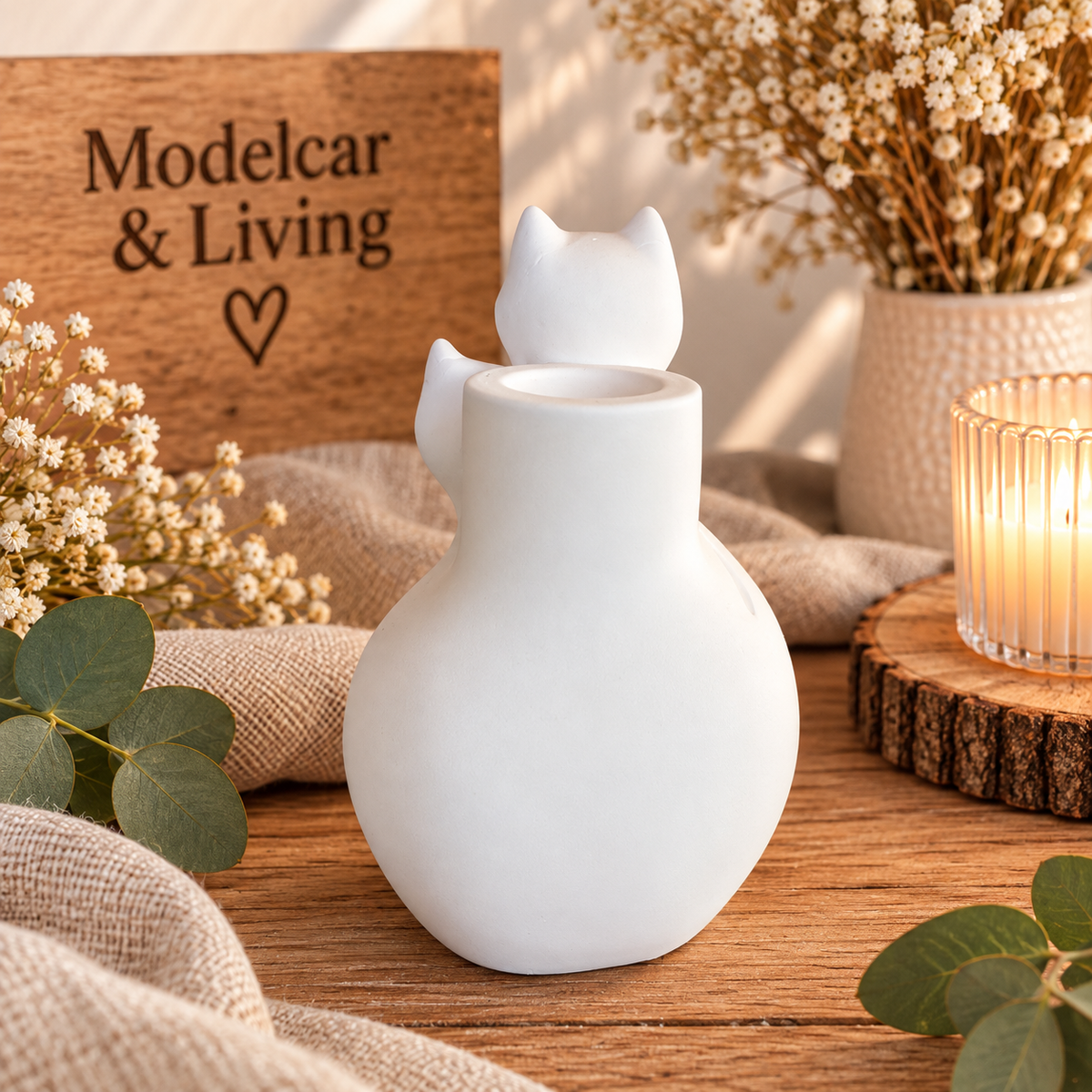 Moderne minimalistische Katzenvase aus Gips – Doppelkatze für Trockenblumen