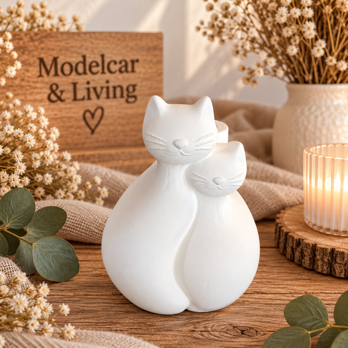 Moderne minimalistische Katzenvase aus Gips – Doppelkatze für Trockenblumen