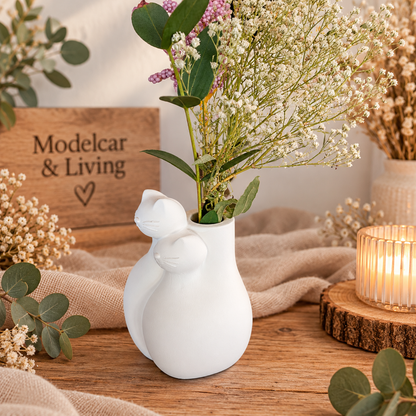Moderne minimalistische Katzenvase aus Gips – Doppelkatze für Trockenblumen