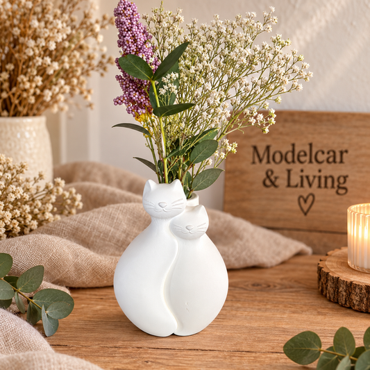 Moderne minimalistische Katzenvase aus Gips – Doppelkatze für Trockenblumen