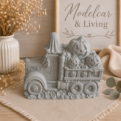 Halloween Kürbis-Truck mit Geist aus Keramikgips – Wunschfarbe oder zum Selbstbemalen | 8 × 6 × 6 cm