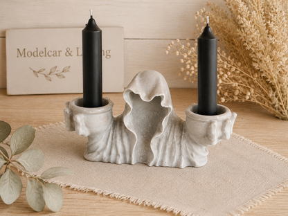 Geist Kerzenhalter für 2 Stabkerzen – Handgefertigte Halloween- & Herbstdeko | Mit oder ohne Kerzen | Wunschfarbe