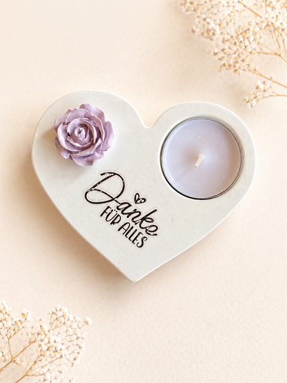 Herz Teelichthalter – handgemacht mit Trockenblumen oder Rose | liebevolle Geschenkidee