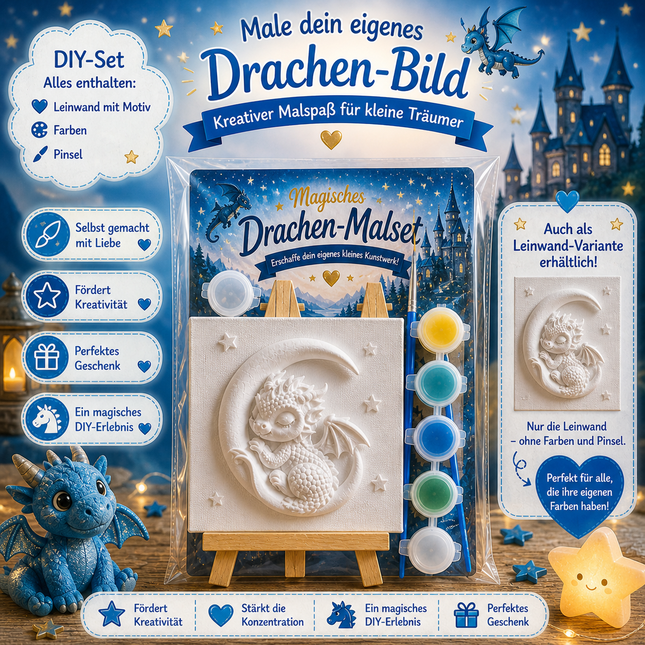 Magisches Drachen Malset für Kinder – DIY Kreativset mit 3D Leinwand